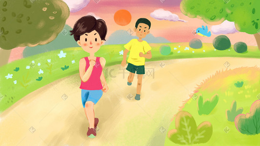 运动插画图片_早晨公园跑步运动年轻女生男生