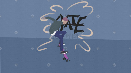 运动字体插画图片_滑板运动手绘海报