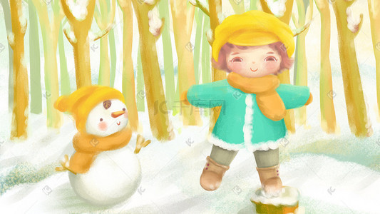 冬季冬天小女孩插画图片_清新可爱小女孩踏雪插画