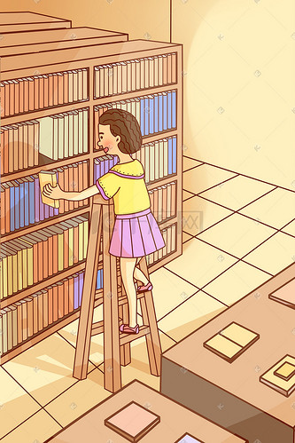 校园生活校园图书馆借书暖色温馨可爱卡通
