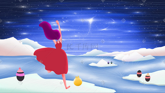 vip广告设计插画图片_探险少女的南极冰川之旅