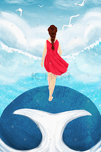 蓝色手绘海洋插画图片_手绘少女鲸鱼与海