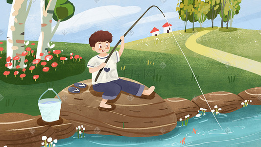钓鱼广告插画图片_小男孩春游在河边钓鱼小清新