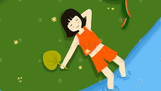 立夏少年少女在河边纳凉吃西瓜