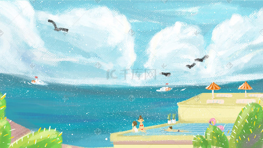 海浪夏日插画图片_夏日海滩风情手绘插画