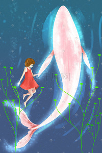 治愈系动物手绘插画图片_人与动物之女孩与鲸鱼海洋治愈系小清新