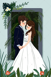 花朵结婚插画图片_情人节情侣结婚在一起婚纱照卡通人物插画
