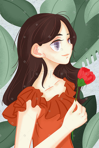 文艺少女鲜花插画手绘