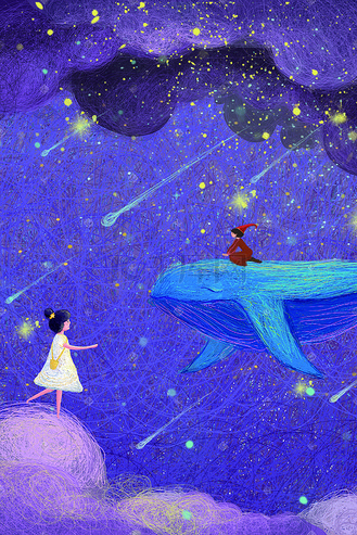 星空水彩鲸鱼个人vip和企业vip免费下载插画唯美天空少女与鲸鱼同游