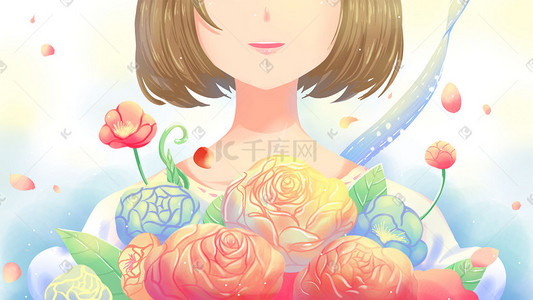 春天春季花朵插画图片_春天春季你好少女捧花唯美卡通治愈插画