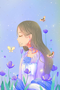春天蓝色唯美清新卡通少女与花花卉与春季配图