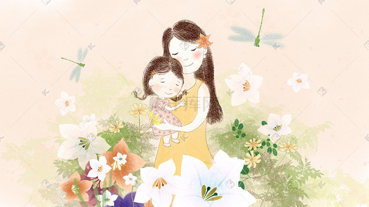 暖黄色小清新母亲节母亲抱小孩插画