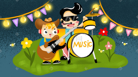 音乐节吉他插画图片_夜幕下的草坪音乐节手绘插画