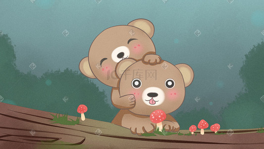 可爱动物两只小熊森系卡通手绘