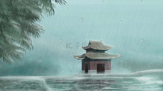 古古插画图片_大雨中的古楼厚涂