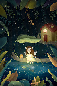 温暖系插画图片_温暖系可爱谷雨森林女孩猫咪避雨玩耍配图