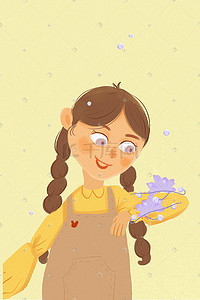 紫色的花插画图片_清新唯美小女孩与花