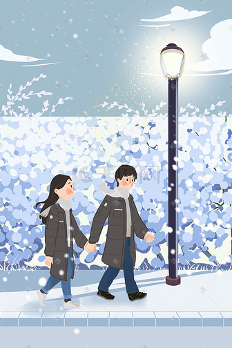 冬天雪小寒情侣散步