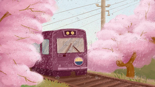 关于樱花节的插画图片_樱花节赏花春日春游肌理唯美治愈粉色电车