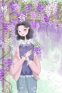 紫色的花插画图片_花与雨季完美的邂逅