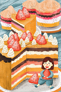 草莓杯子蛋糕插画图片_吃货女孩与甜品蛋糕