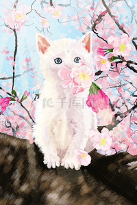 桃花树桃花插画图片_春天春季樱花桃花猫咪