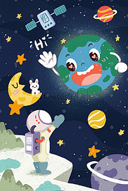 蓝色卡通小清新地球一小时地球跟宇航员挥手