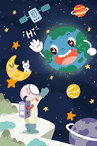 宇航员插画图片_蓝色卡通小清新地球一小时地球跟宇航员挥手