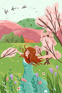 三月你好踏青郊游旅游赏樱花少女卡通插画