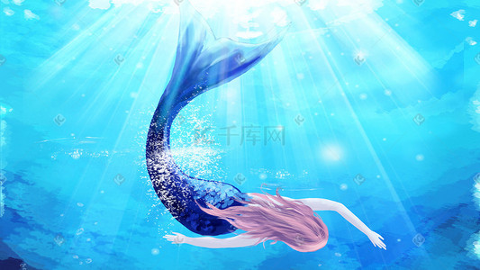 深海凤尾鱼插画图片_手绘深海中的美人鱼