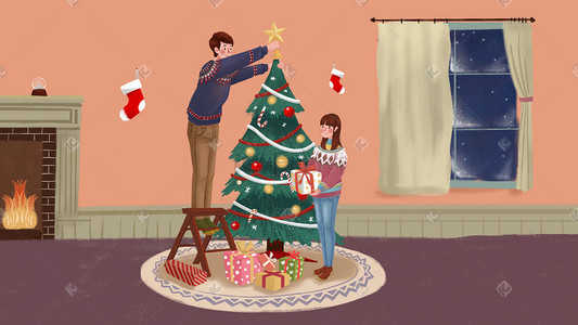 绿色圣诞插画图片_手绘圣诞节情侣装饰圣诞树插画圣诞