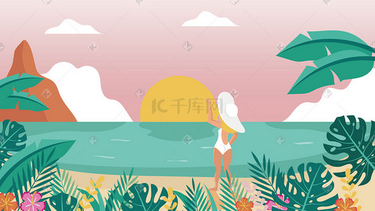 沙滩美女海景插画