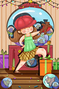 扭蛋插画图片_促销游戏少女抓娃娃扭蛋机卡通创意插画促销购物618