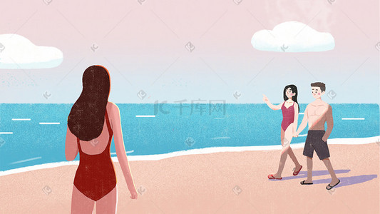 扁平风夏天插画图片_暖色扁平风夏天去海边游玩