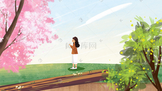 粉色清新系插画图片_春季女孩野外欣赏樱花小清新