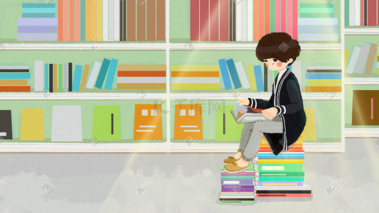 书架的插画图片_城市生活在读书的男孩
