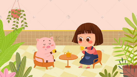 春季宠物插画图片_春天卡通小清新小女孩喝茶配图