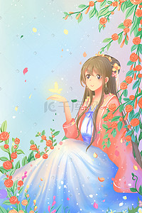 卡通光点插画图片_蓝色唯美卡通春季你好花卉花草古风少女配图