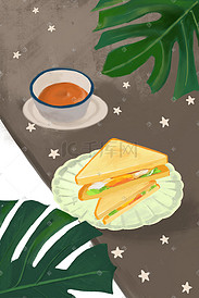 北欧风早餐美食三明治手绘插画