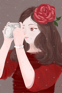 手绘质感手拿相机拍照的玫瑰少女