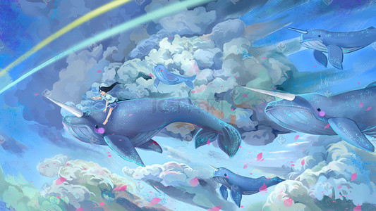 梦幻鲸鱼女孩人物插画
