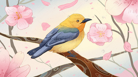 春日植物插画图片_春天的樱花和小鸟