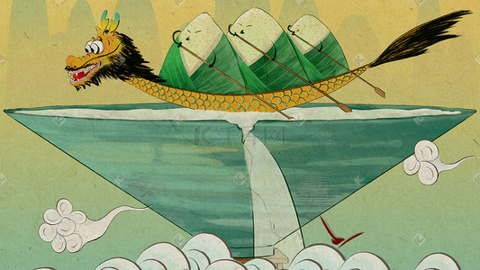 中国瓷器插画图片_手绘端午节习俗插图赛龙舟