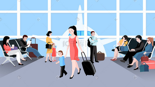 旅游日插画图片_亲子全球旅游日飞机场插画