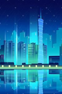 科技科技感蓝色插画图片_扁平化科技感城市插画科技