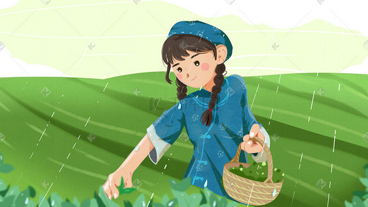 棕色茶叶插画图片_谷雨下雨天女孩采茶叶图