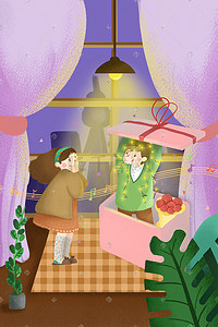 礼物盒盒插画图片_情人节惊喜礼物盒粉紫色清新插画