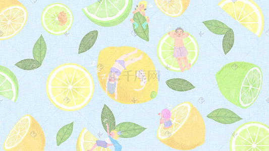 简约清新水果插画图片_冷色调卡通小清新简约创意水果柠檬小人