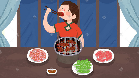 吃货狂欢海报插画图片_吃炭火烤肉的吃货