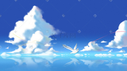 海盗船在海上插画图片_手绘海上蓝天白云背景